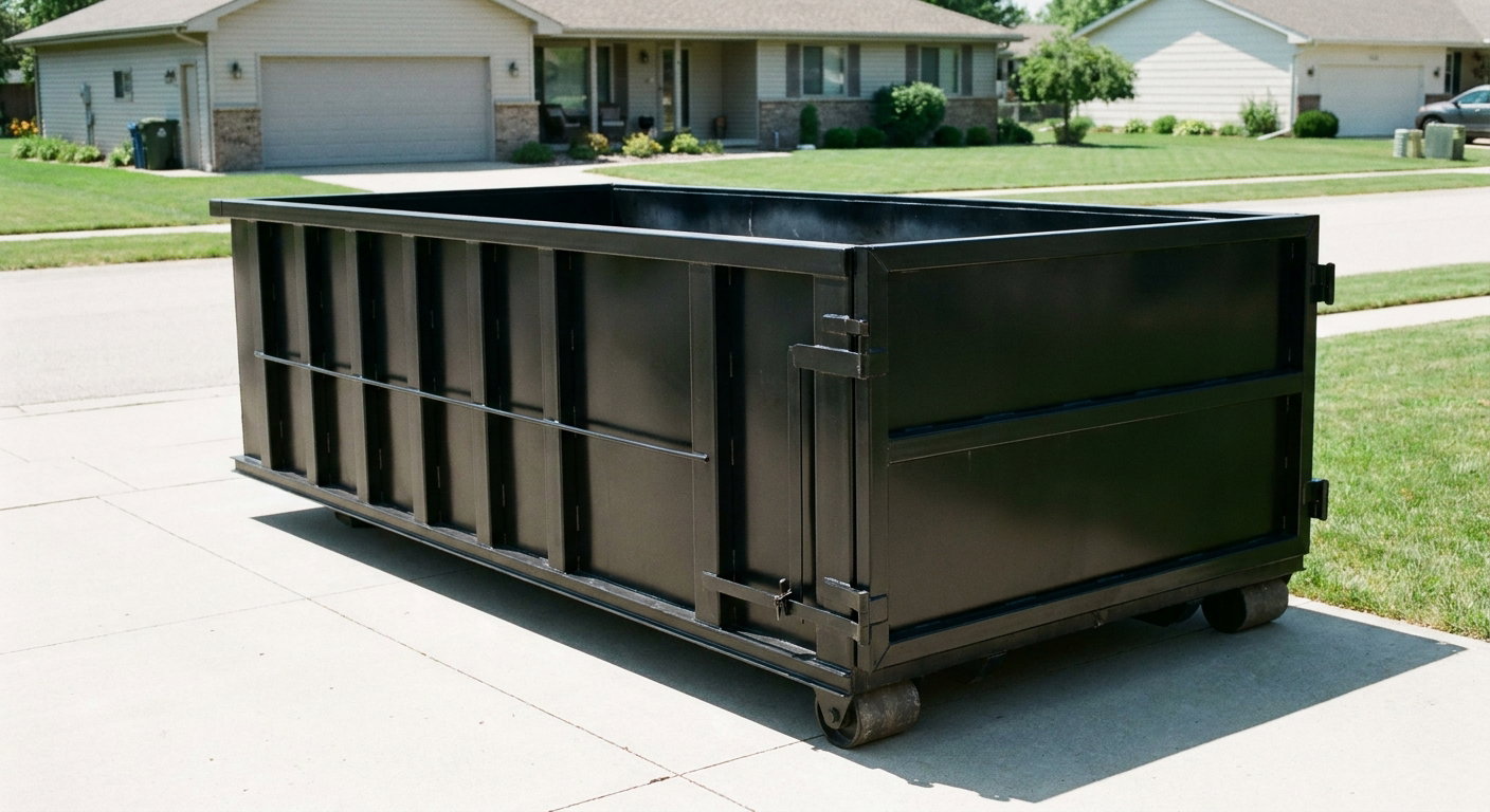 Matte-black 10-yard roll-off dumpster on a residential concrete driveway in Lubbock, uniformly painted matte black across every panel and rail, ribbed steel sidewalls and rear swing door visible, mid-day daylight.
