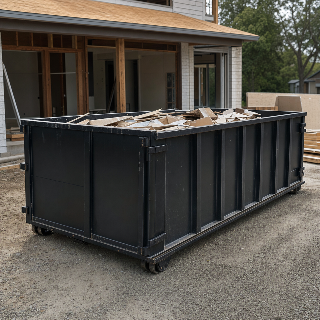 Large matte-black 30-yard construction roll-off dumpster at an active Lubbock jobsite, steel-gray top rails and bottom rollers visible, loaded with construction debris.