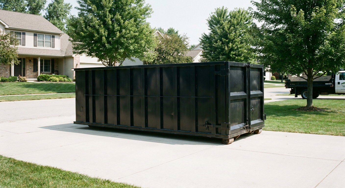Matte-black 20-yard roll-off dumpster sitting level on a clean Lubbock residential concrete driveway under bright daylight, demonstrating clean placement directly on the concrete.