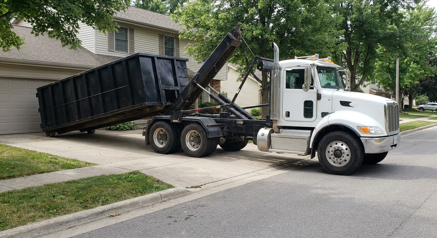 White-cab hooklift roll-off truck actively lowering a matte-black dumpster onto a Lubbock residential concrete driveway, the dumpster's rear wheels touching the driveway as the hoist arm tilts the bed forward, mid-morning daylight.